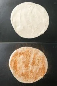 Collage of 2 pictures of a tortilla that is buttered and sprinkled with Cajun seasoning