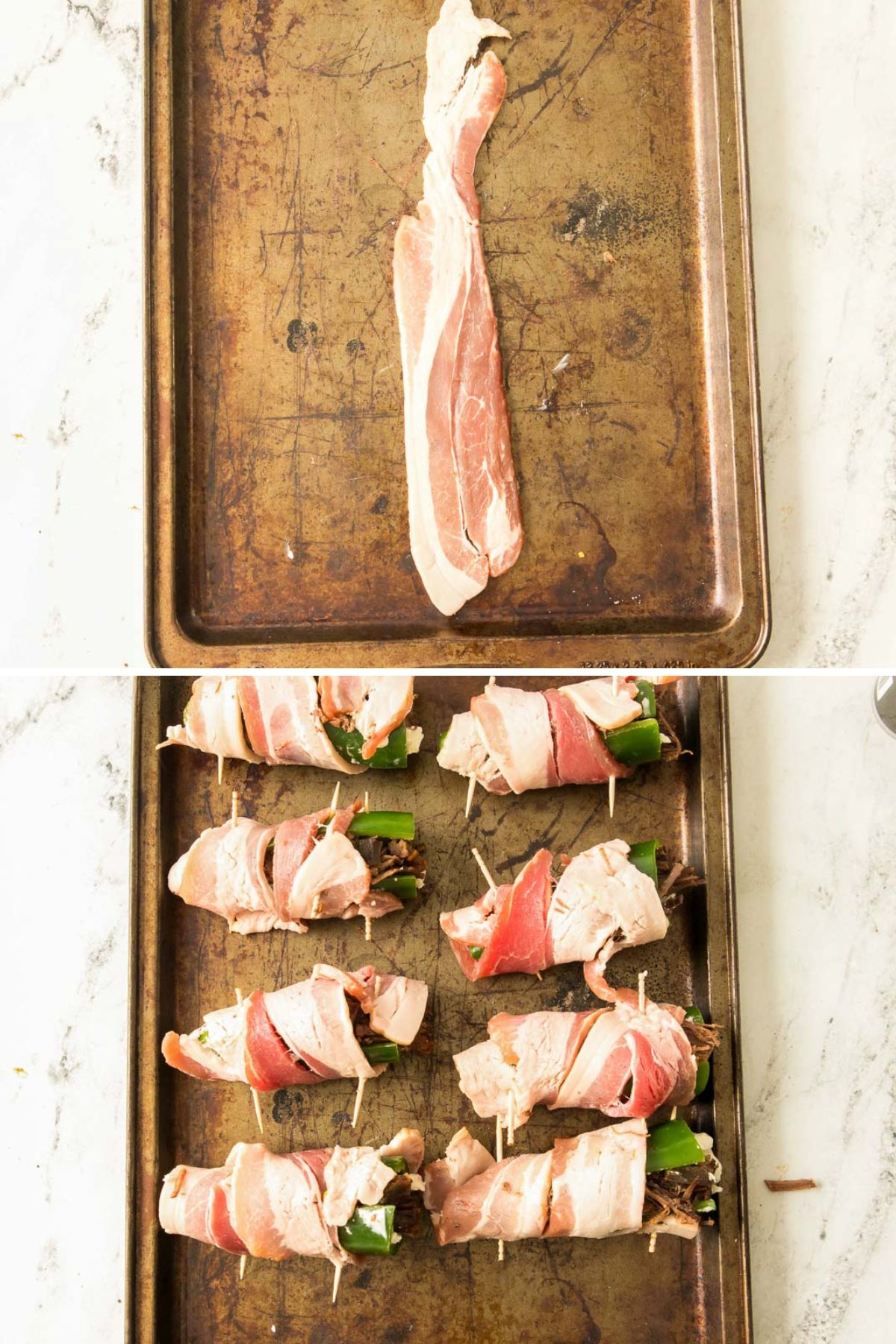 Collage showing how to wrap brisket-stuffed jalapeños with bacon