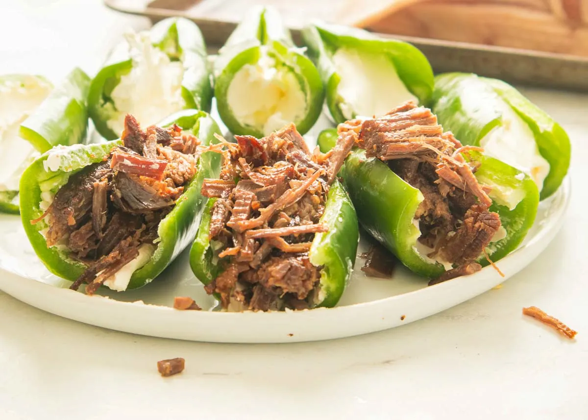 Jalapeño peppers stuffed with cream cheese and shredded brisket
