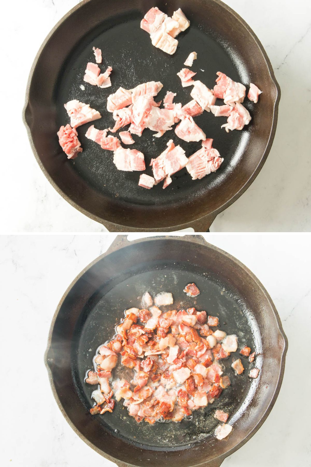 2 pictures showing how to cook chopped bacon