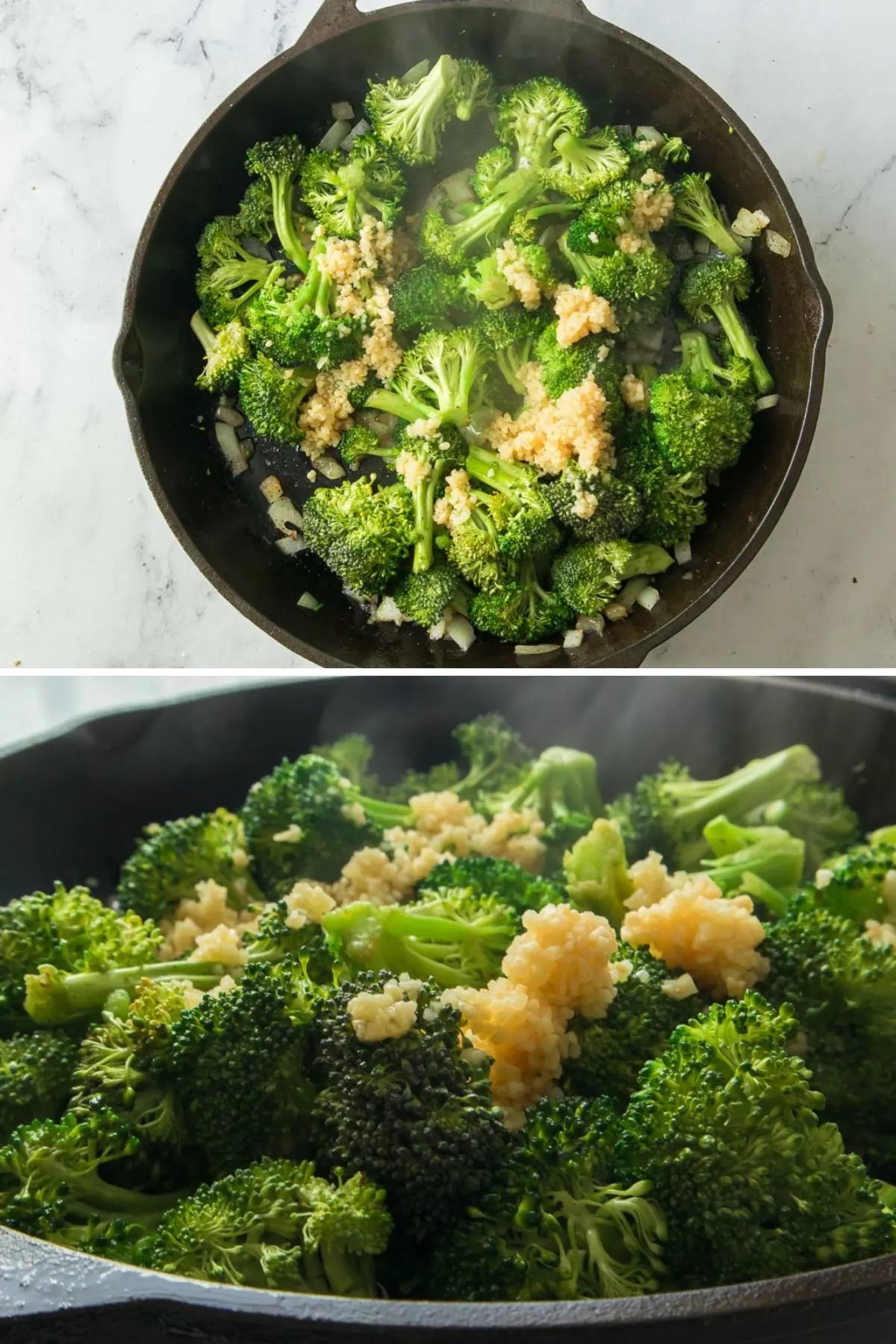 Adding broccoli florets and minced garlic to the skillet