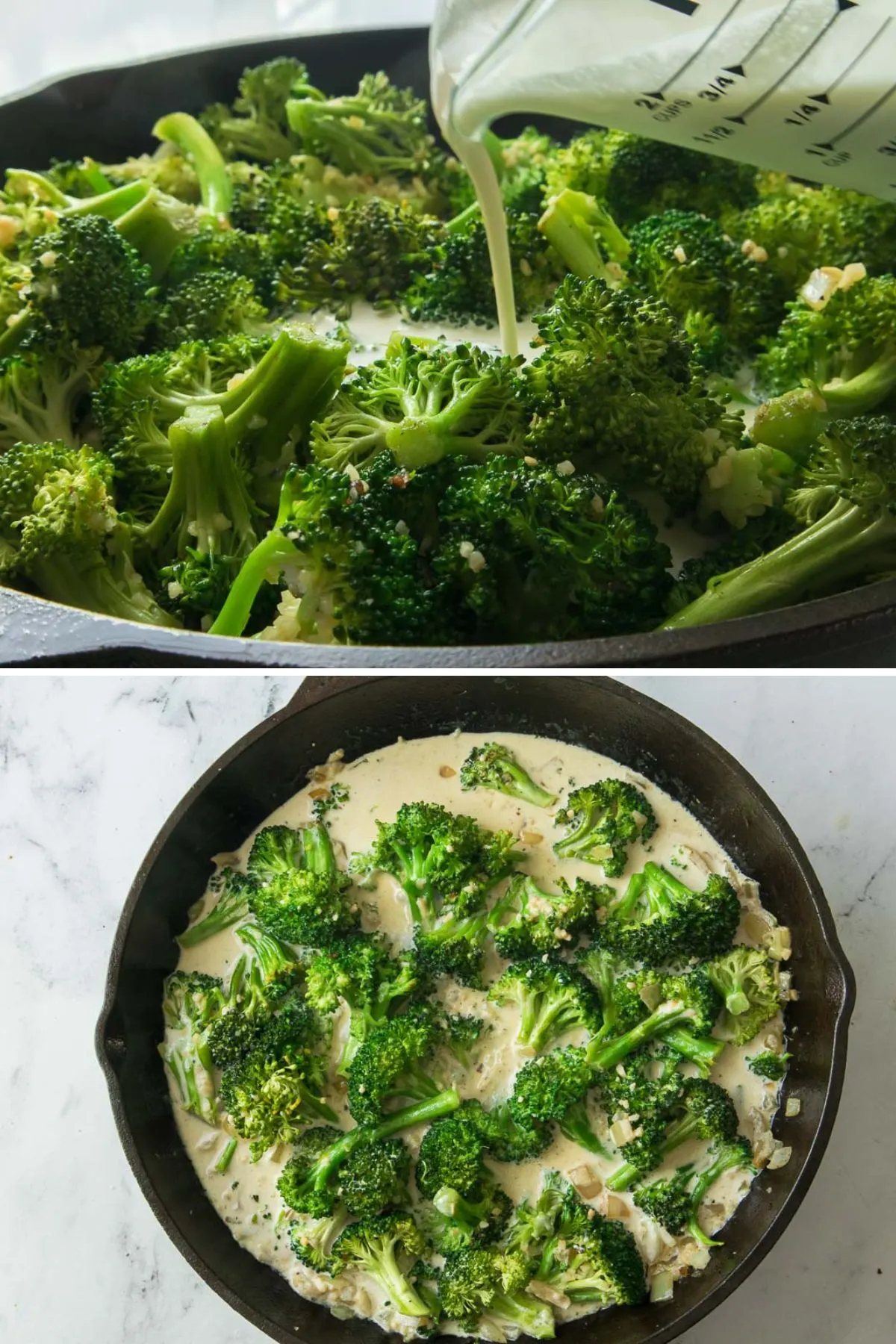 Adding heavy cream to broccoli in the skillet