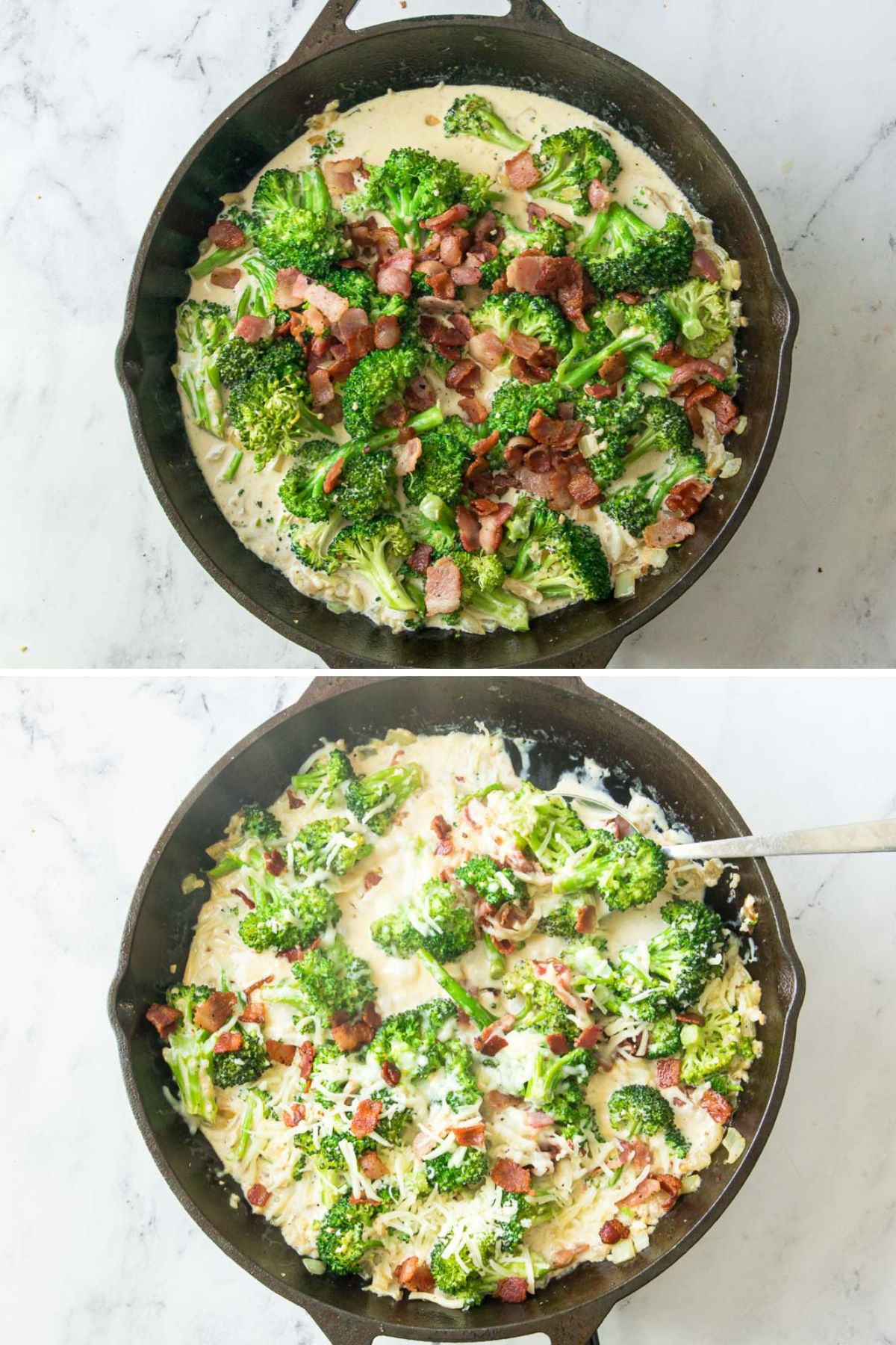 2 pictures showing adding bacon and cheese to skillet broccoli