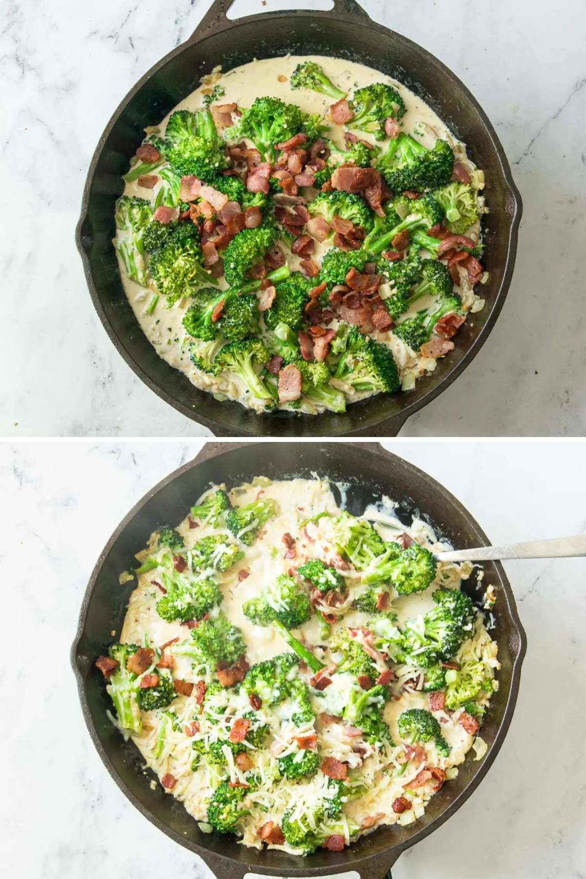 2 pictures showing adding bacon and cheese to skillet broccoli