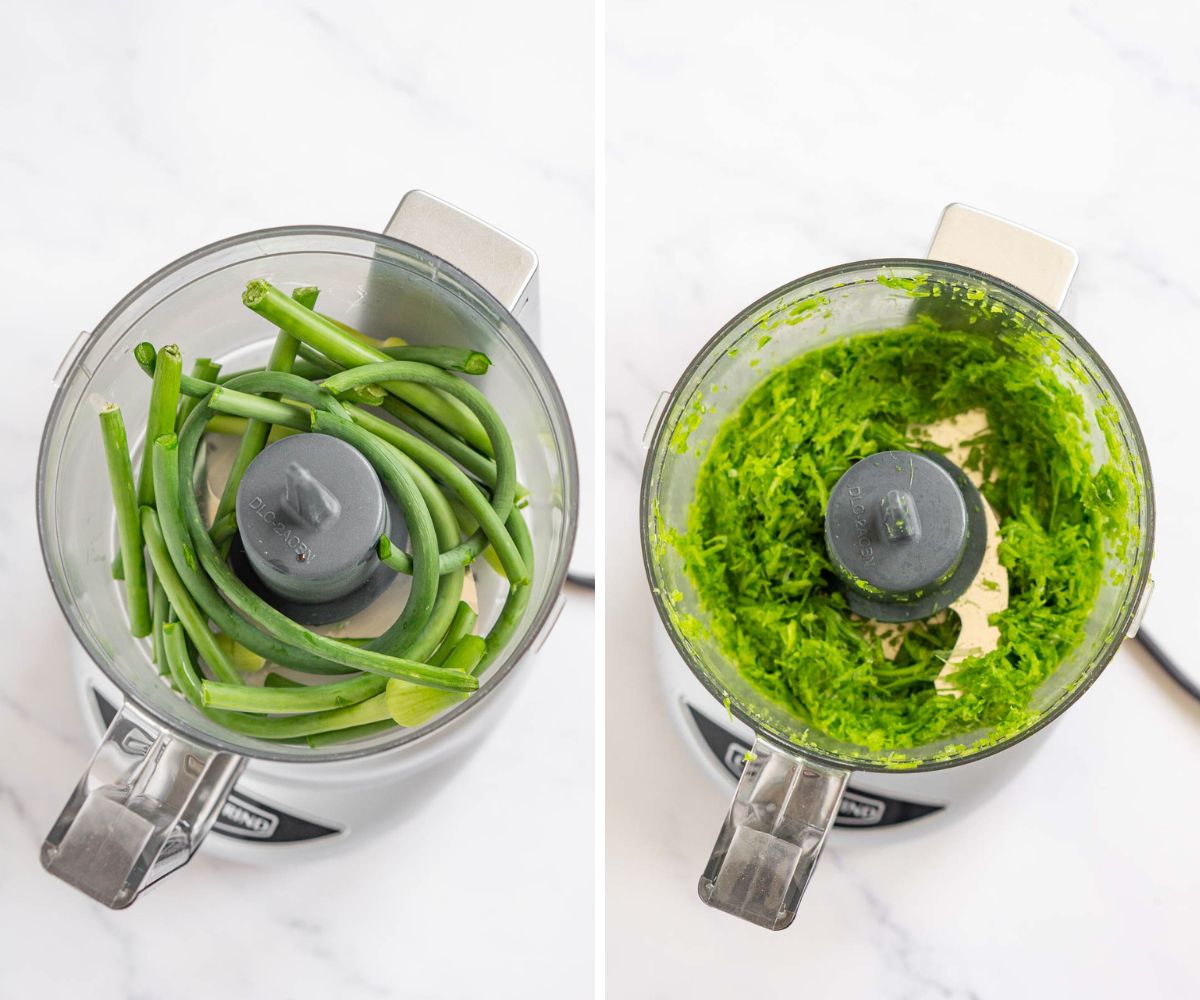 2 photos showing how to shred garlic scapes in a food processor.