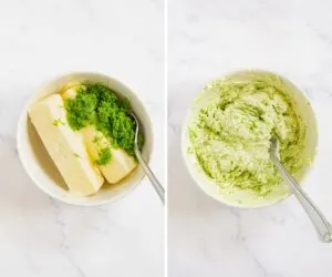 2 photos showing how to make garlic scape butter in a bowl