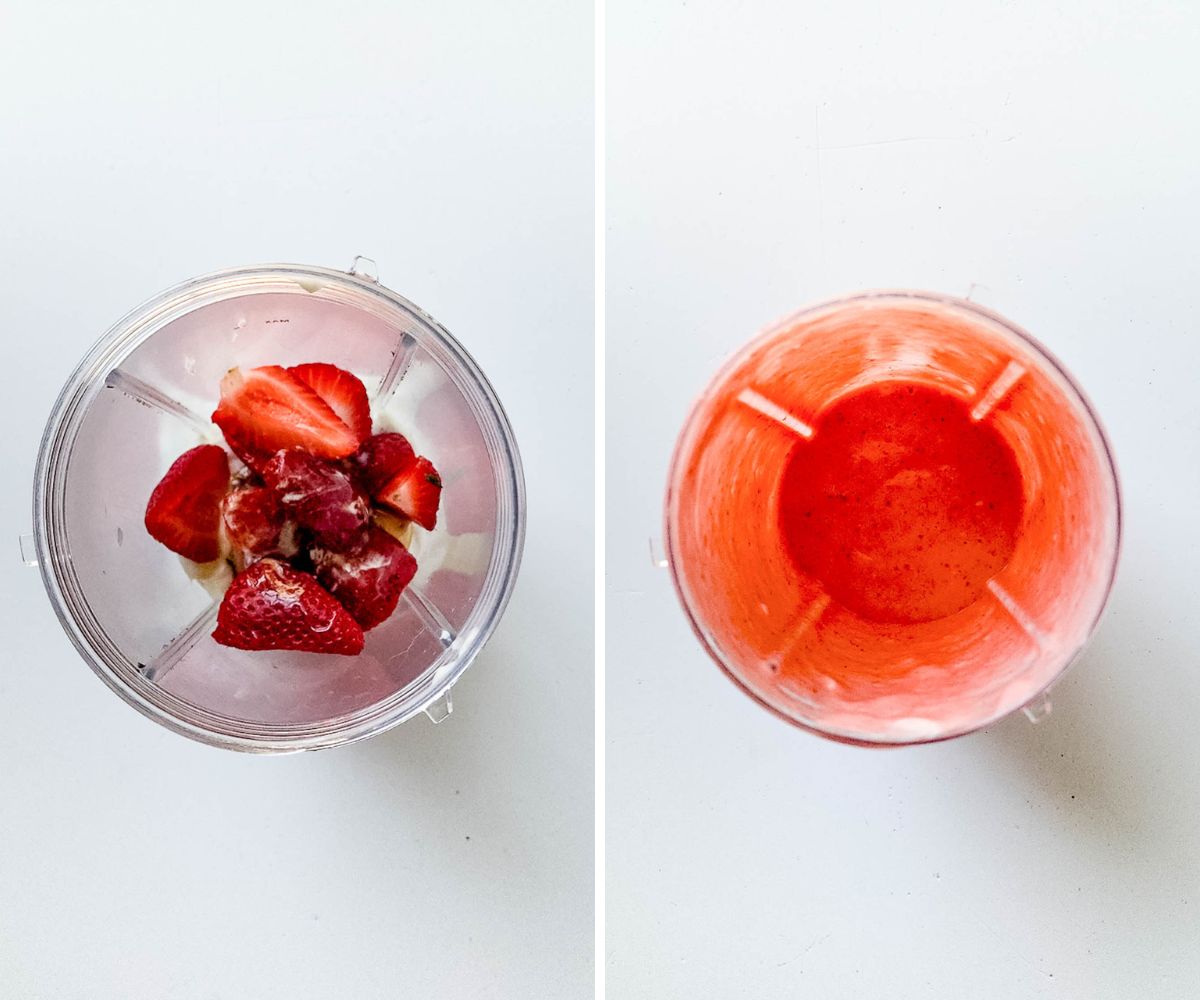 2 pictures showing how to make strawberry yogurt dip