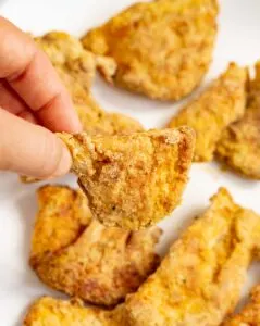 Crispy air fried Chicken of the Woods mushroom piece