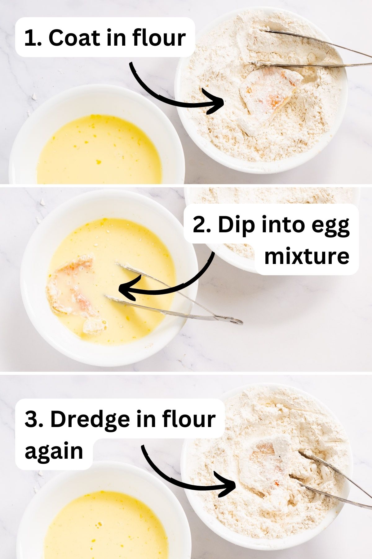 Collage showing how to dredge pieces of chicken of the woods mushroom into seasoned flour, then egg, then flour again to bread it before air frying.