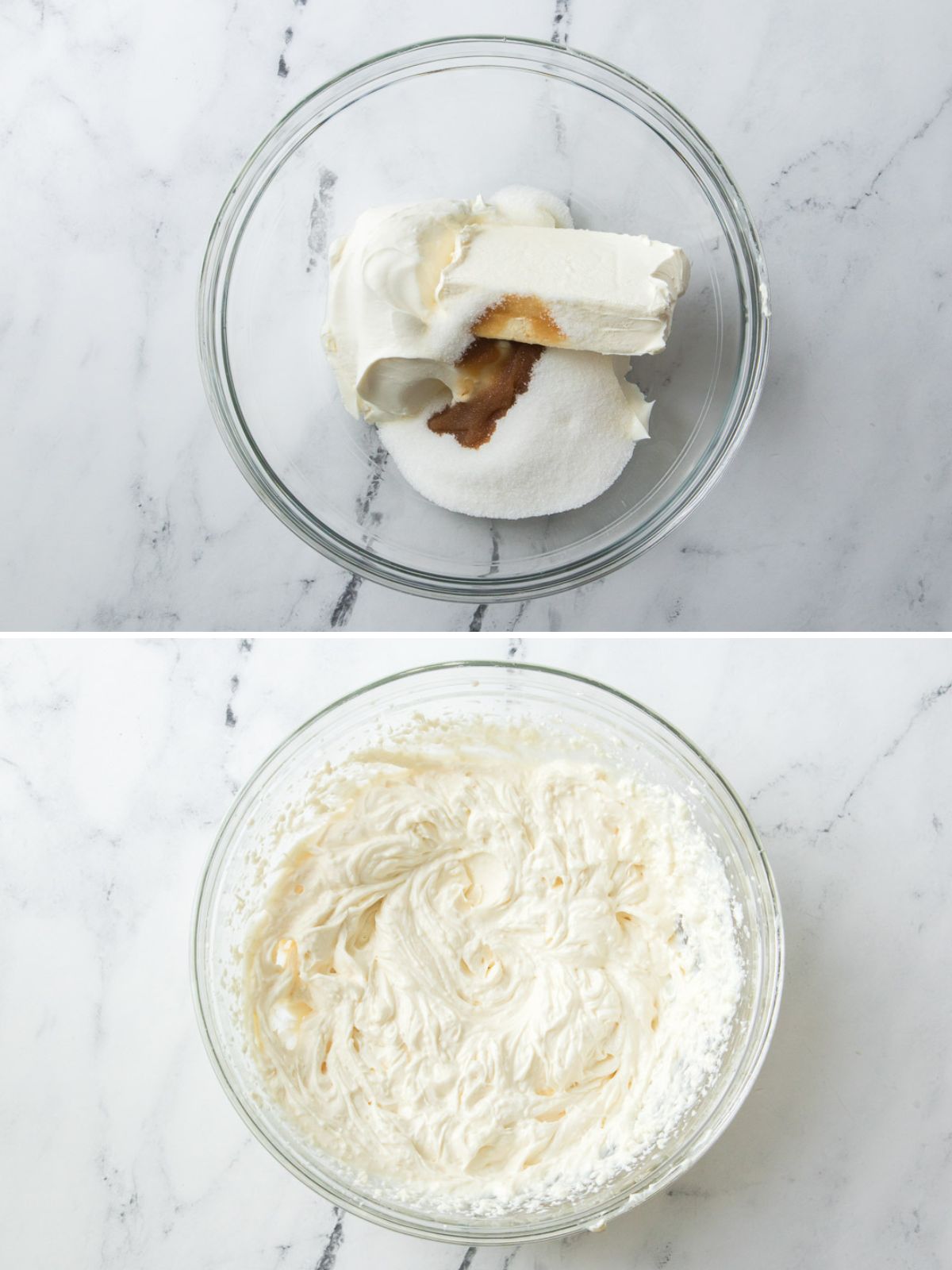 Collage of 2 pictures showing how to make cream cheese dressing for a grape salad