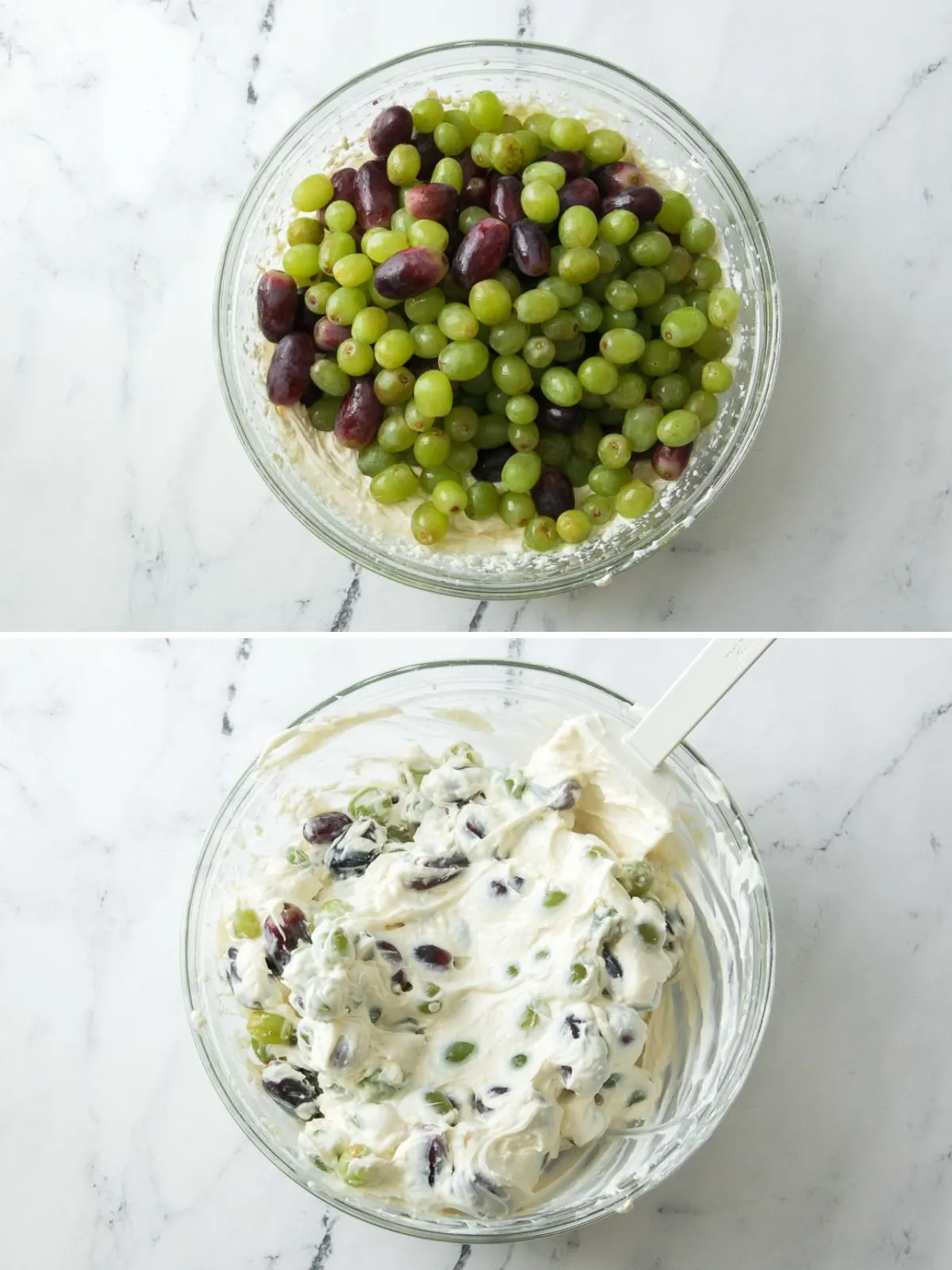 Collage of 2 pictures showing mixing of grapes with cream cheese dressing