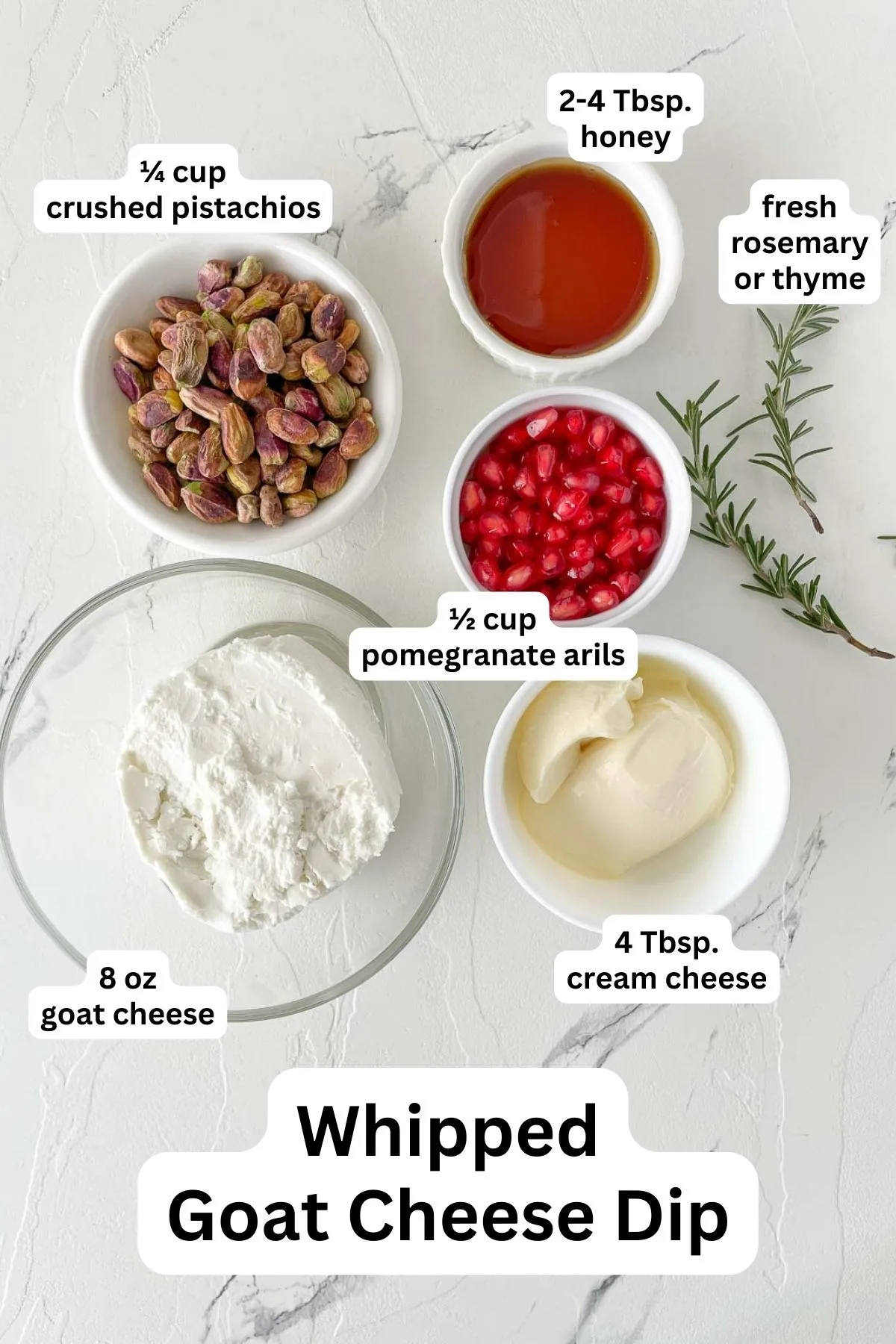 Ingredients to make whipped goat cheese dip with toppings
