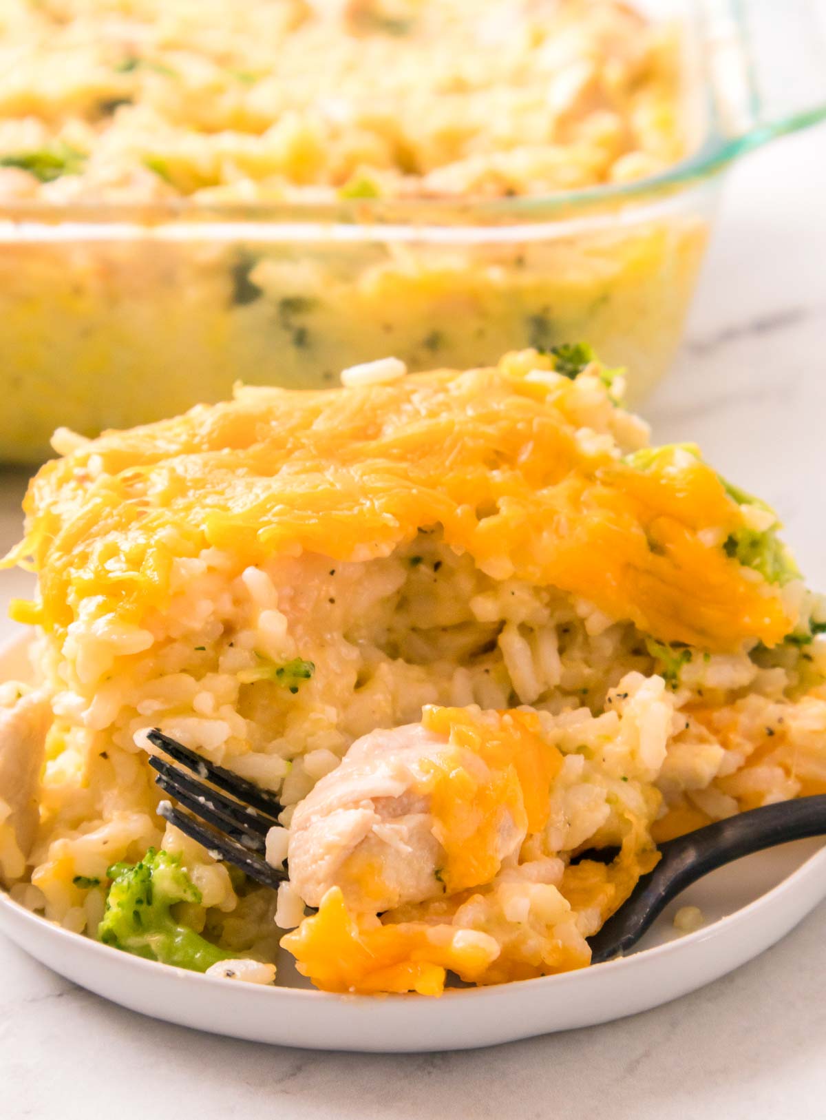 Close up of a chicken and broccoli rice casserole to show texture