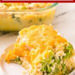 Pinterest image with text: Easy weeknight chicken broccoli casserole