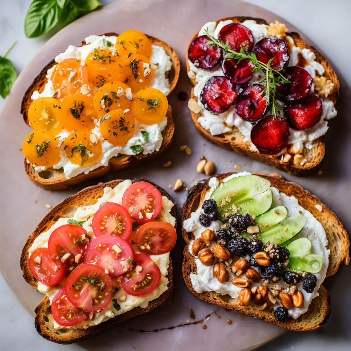 Plate of 4 cottage cheese toasts with various toppings