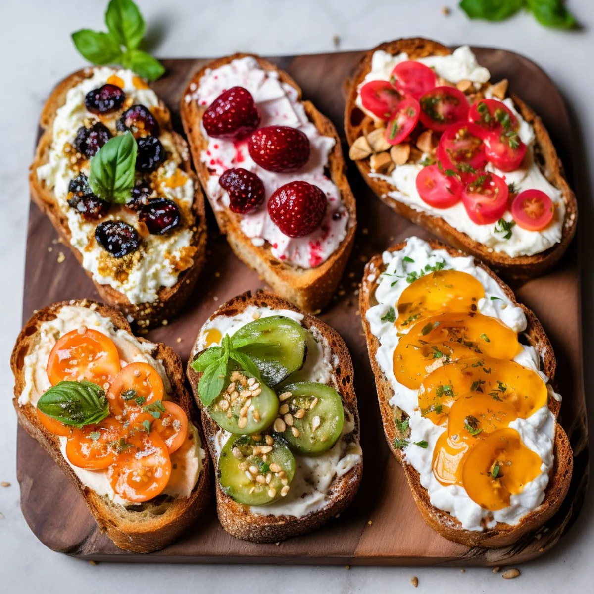Plate of 6 cottage cheese toasts with different toppings.