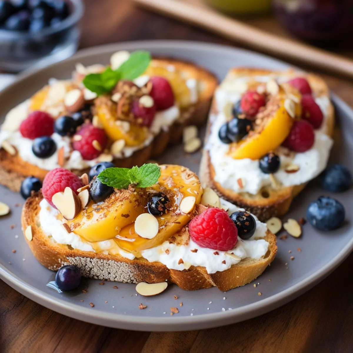 Plate of cottage cheese toasts with fruit and sweet toppings