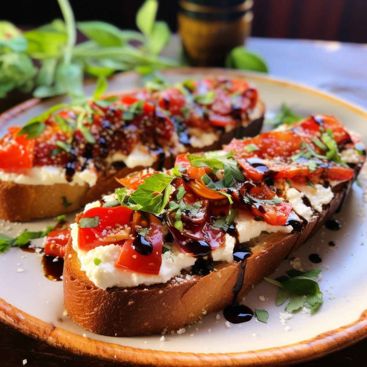 2 Cottage cheese toasts with tomatoes, basil, and balsamic glaze