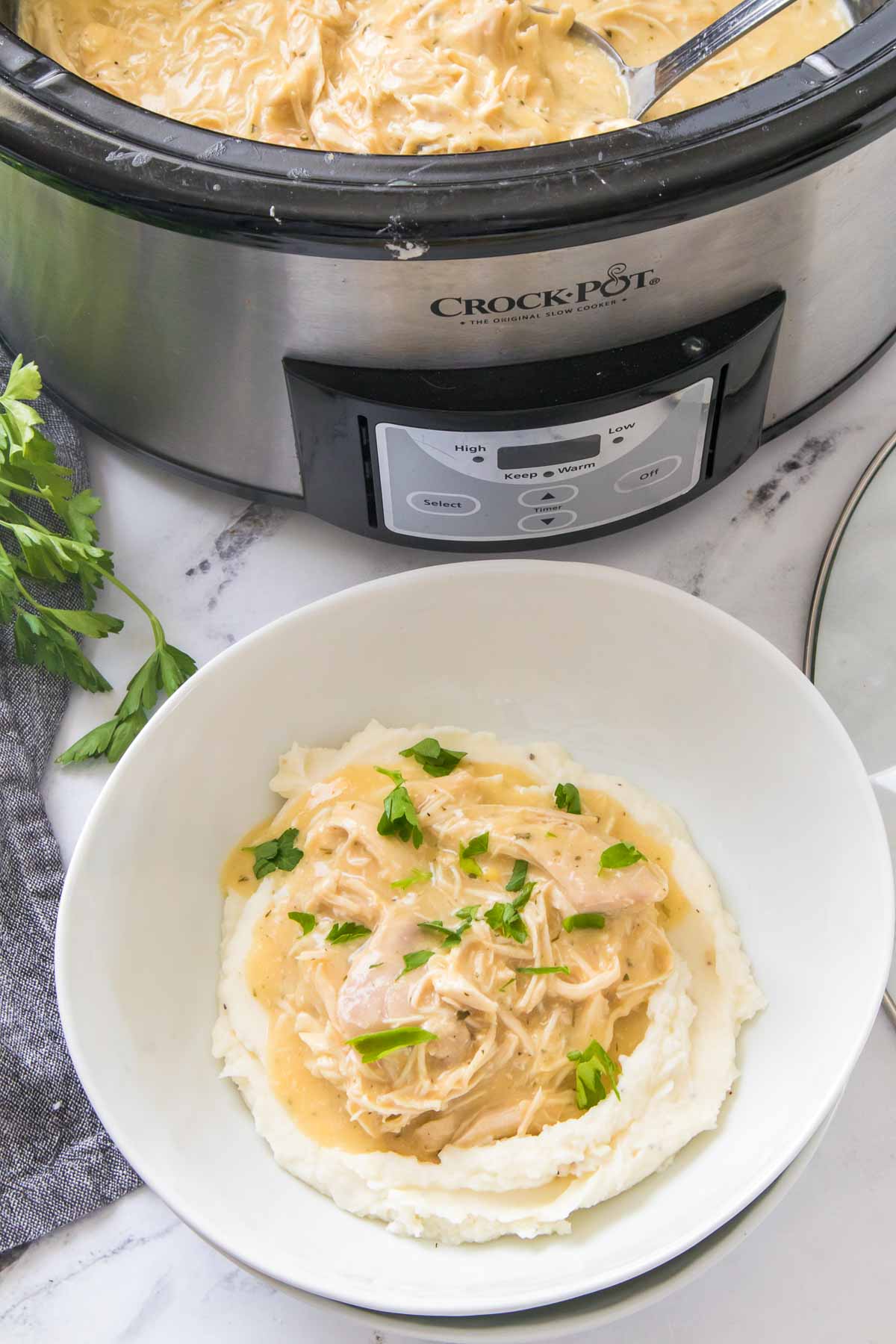 Chicken and gravy over mashed potatoes next to a slow cooker