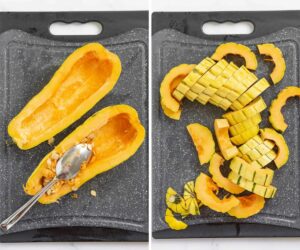 Collage of 2 pictures showing how to clean a delicata squash and cut it into rings