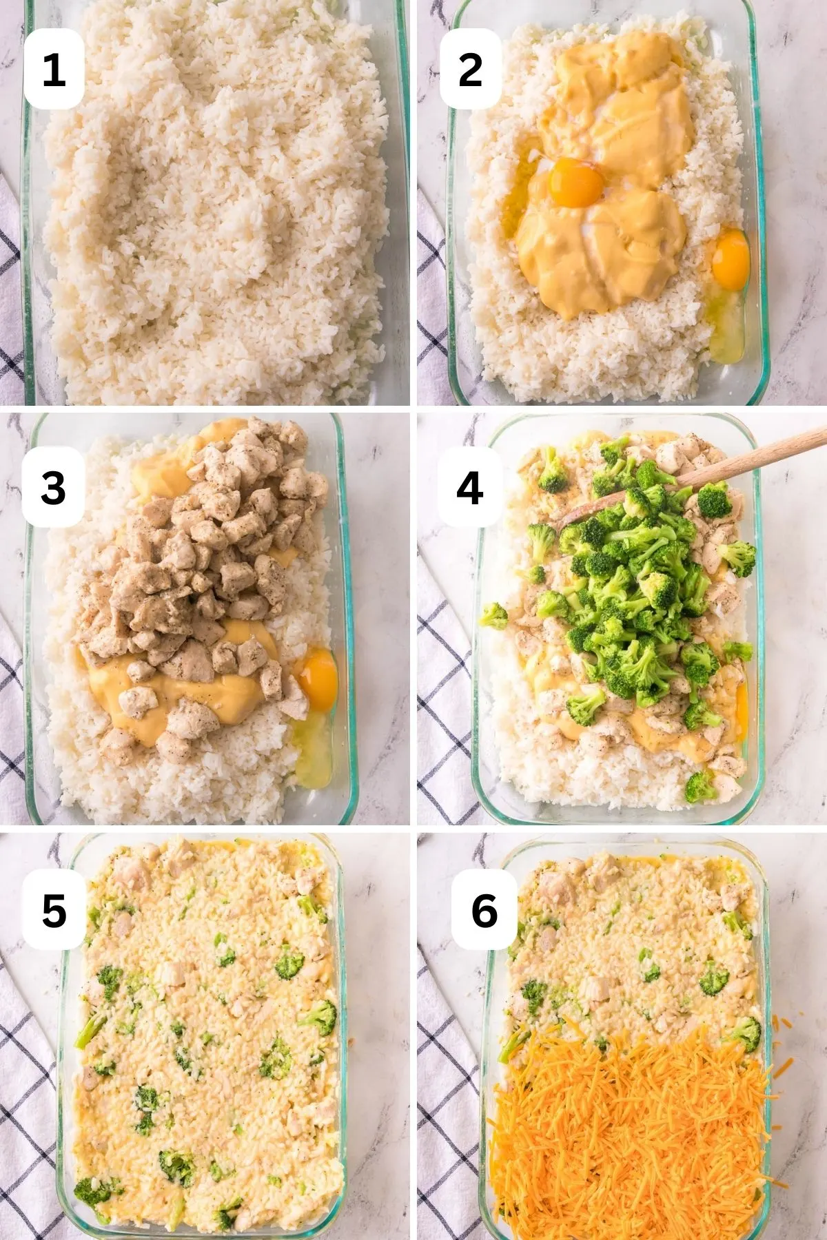 Collage of 6 pictures showing how to assemble the chicken, broccoli, and rice casserole