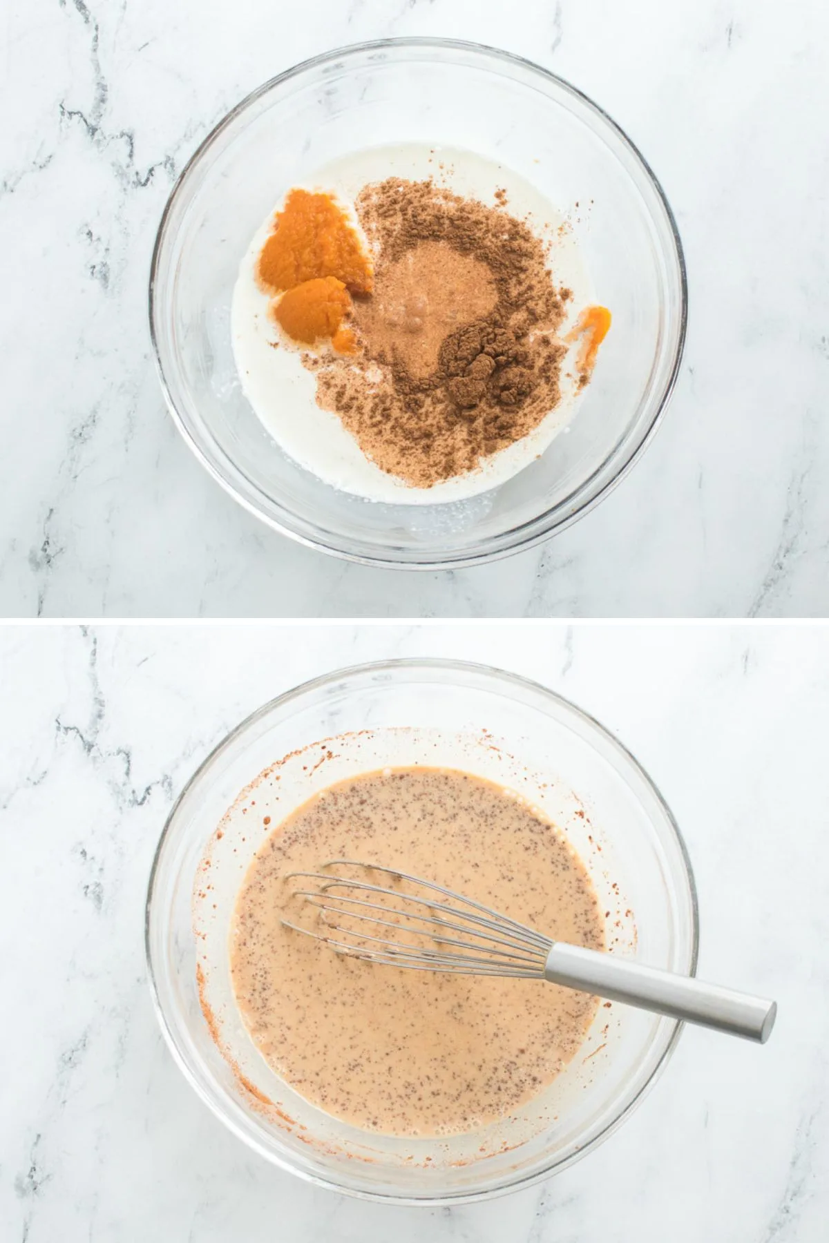 Collage of 2 pictures showing how to make pumpkin coffee creamer.