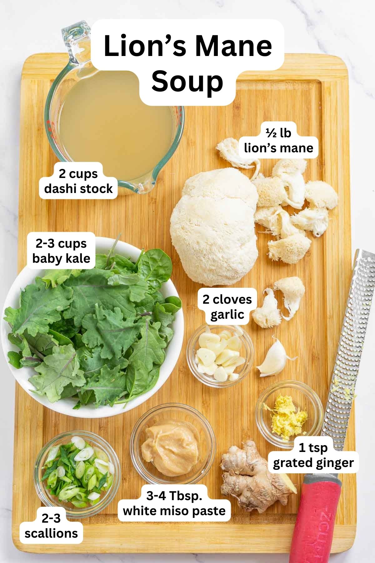 Ingredients to make lion's mane mushroom soup with miso