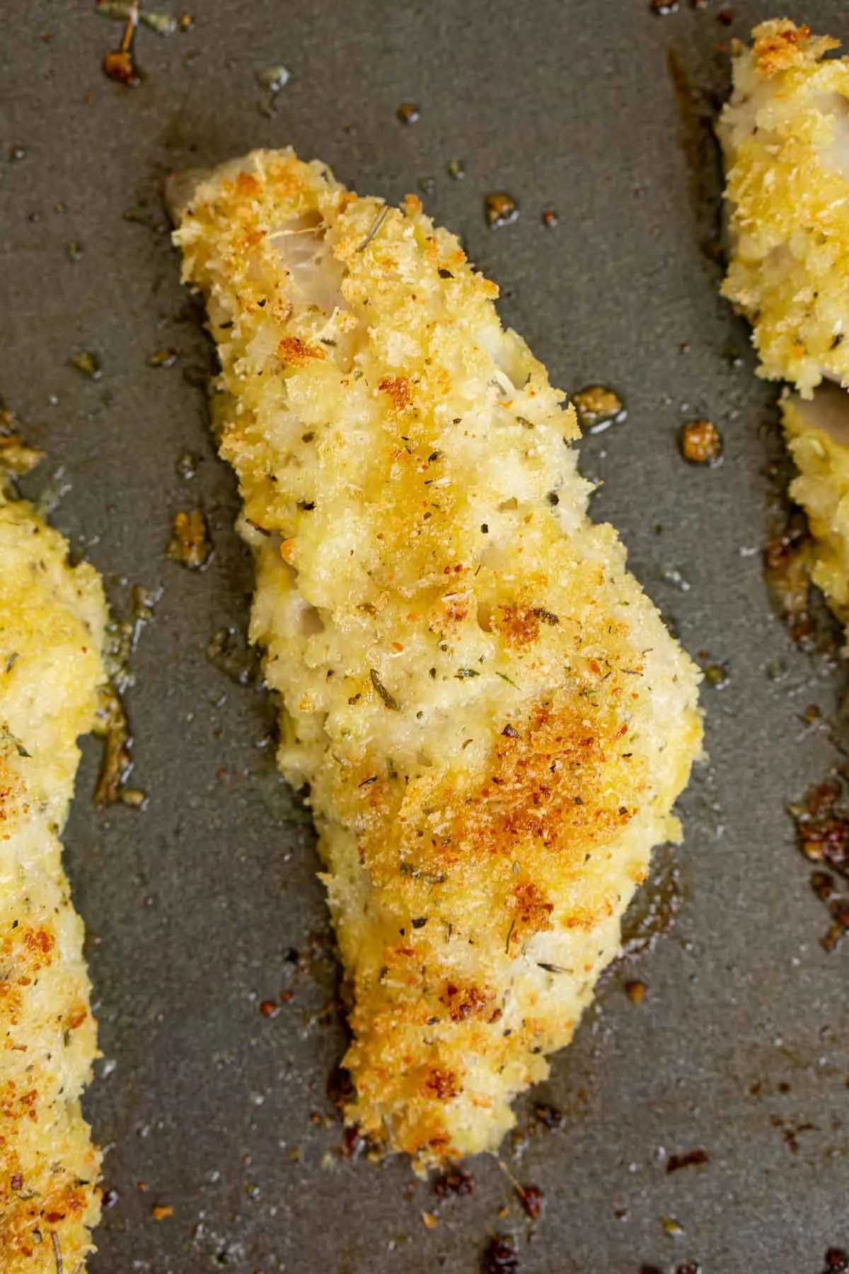 Close up of a crispy baked Parmesan crusted perch fillet