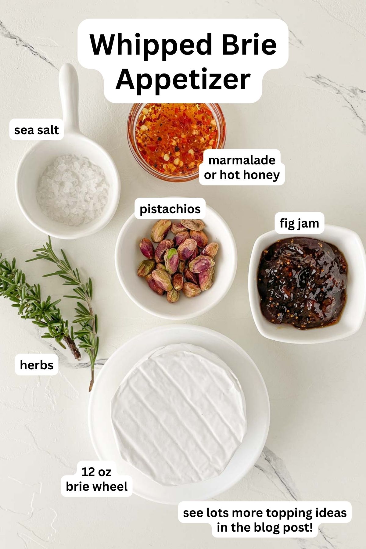 Ingredients to make whipped brie with toppings