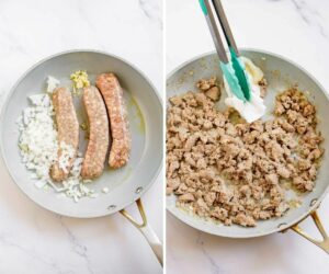 2 pictures showing how to make browned Italian sausage crumbles