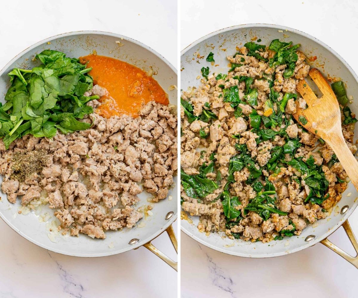 2 pictures showing how to add chopped spinach, seasonings, and sauce to cooked crumbled sausage
