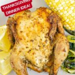 Pinterest image with text: Air fryer Cornish hens - Thanksgiving dinner idea!