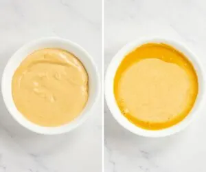 Collage of 2 pictures of cottage cheese queso in a microwave-safe bowl