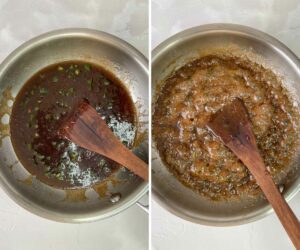 Two pictures showing how to melt sugar with jalapenos and corn syrup to make peanut brittle