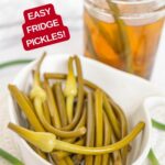 Image with text: Pickled garlic scapes - easy fridge pickles