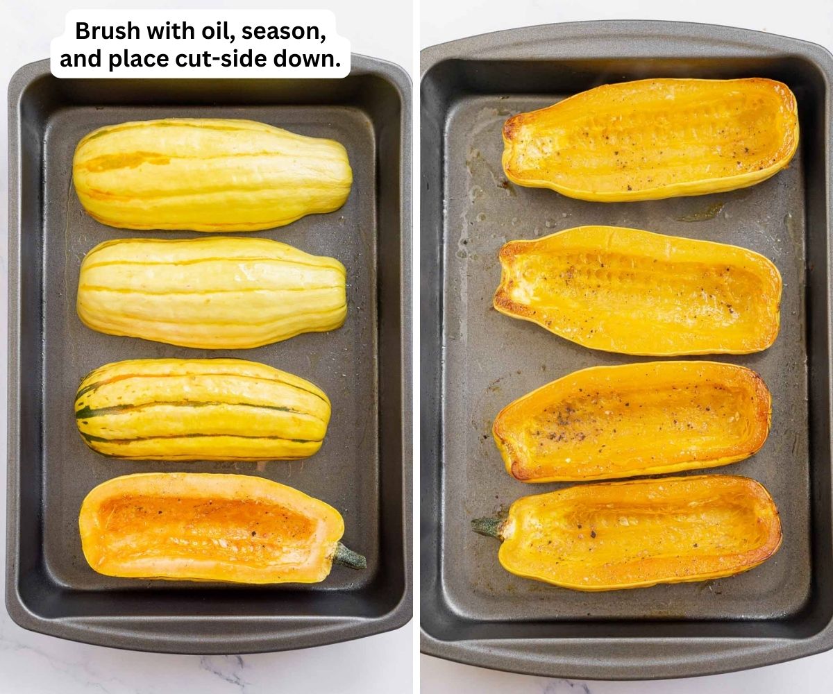 2 pictures showing how to season delicata squash and roast it.