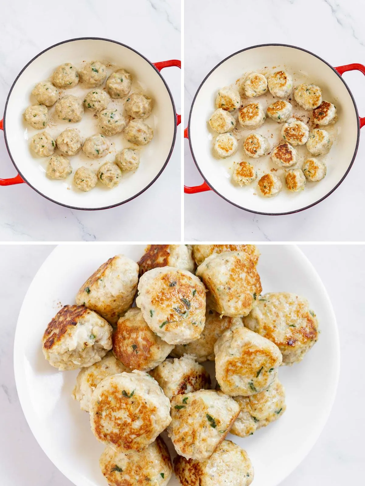 Collage of 3 pictures showing how to brown chicken meatballs in a pan.