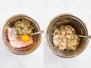 Collage of 2 pictures showing how to make ground chicken mixture for Swedish chicken meatballs