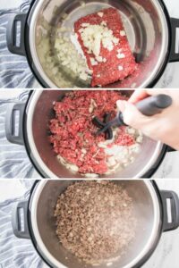 Collage of 3 pictures showing how to brown ground beef in an Instant Pot