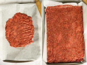 2 pictures showing how to press ground beef mixture into a baking sheet line with parchment paper