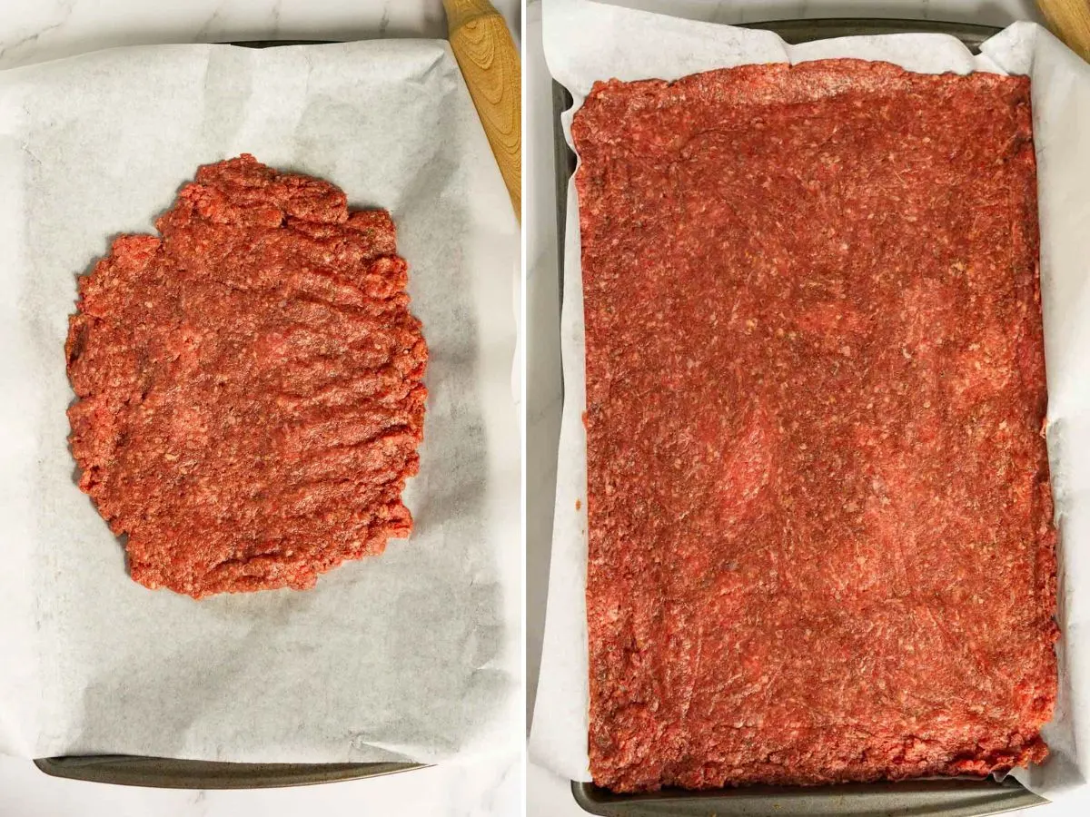 2 pictures showing how to press ground beef mixture into a baking sheet line with parchment paper