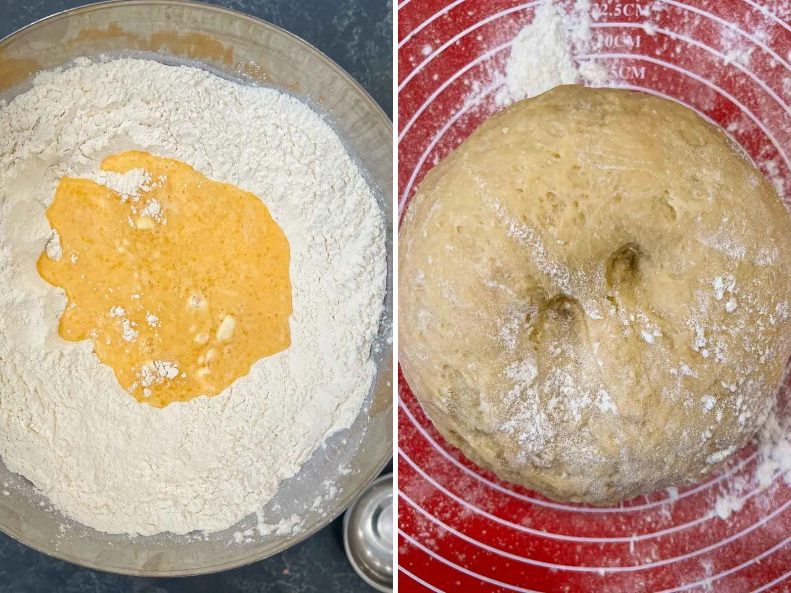 Collage of 2 pictures showing how to make hvorost dough