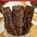 Image with text: Sweet & Spicy Oven Ground Beef Jerky