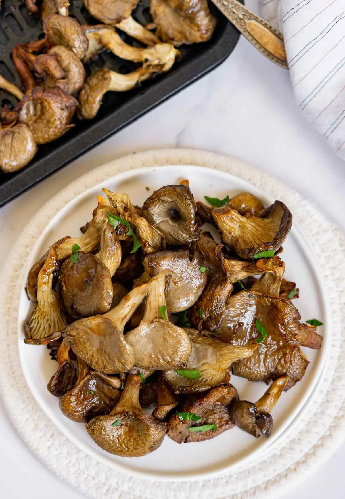 Plate of air fried oyster mushrooms.