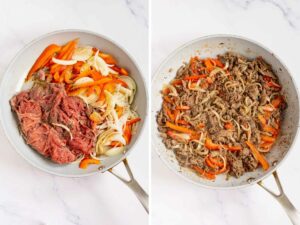 Collage of 2 pictures showing how to cook thin sliced beef with peppers and onions in a skillet