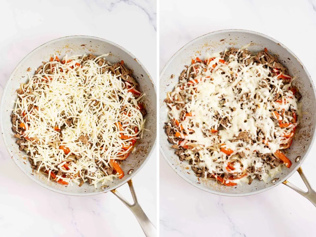 Collage of 2 pictures showing melted cheese on top of Philly cheesesteak meat in a skillet