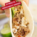 Image with text: Easy cheesesteak tacos - 20 minute weeknight dinner