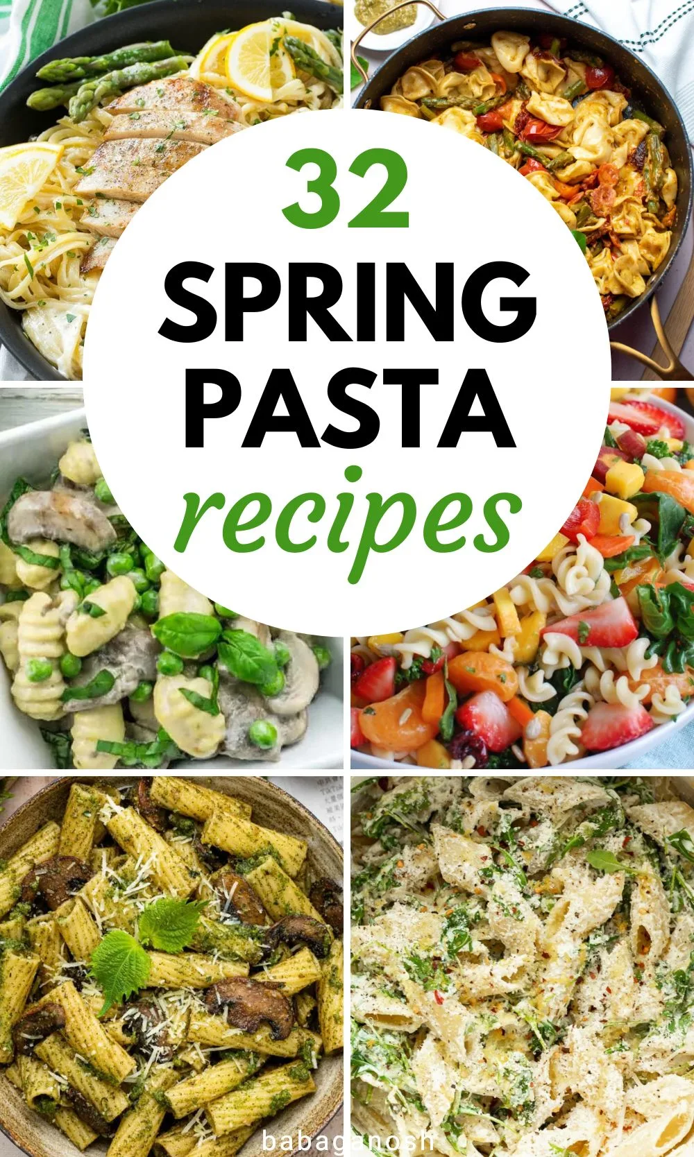 Pinterest graphic with text that reads "32 Spring Pasta Recipes" and a collage of pasta dishes.