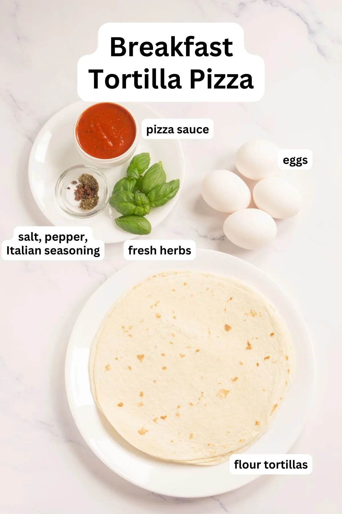 Ingredients to make breakfast tortilla pizzas