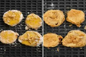 Collage of 2 pictures showing king oyster mushrooms before and after air frying